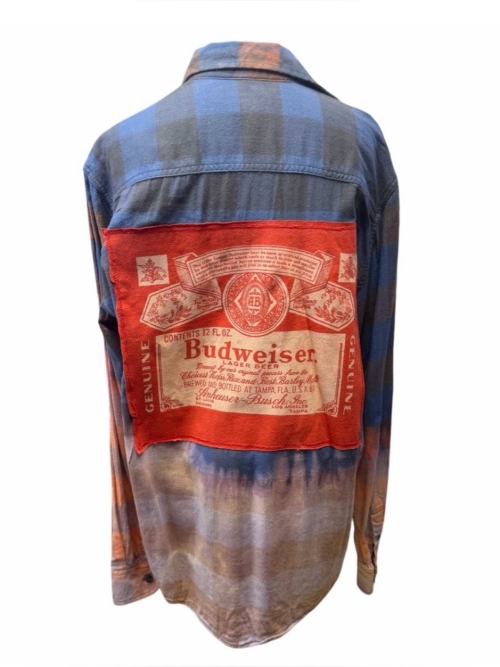 Budweiser beer upcycled custom flannel shirt red graphic tee on back bespoke